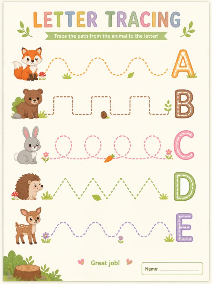 Colorful letter tracing sheet that uses paths of forest animals