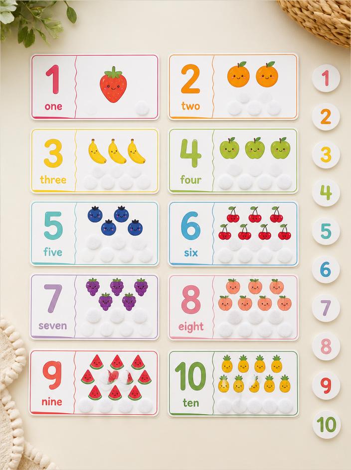 Colorful counting cards with fruit illustrations