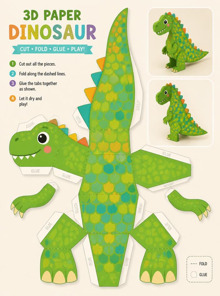 3D paper dinosaur template with fold marks and colorful scales
