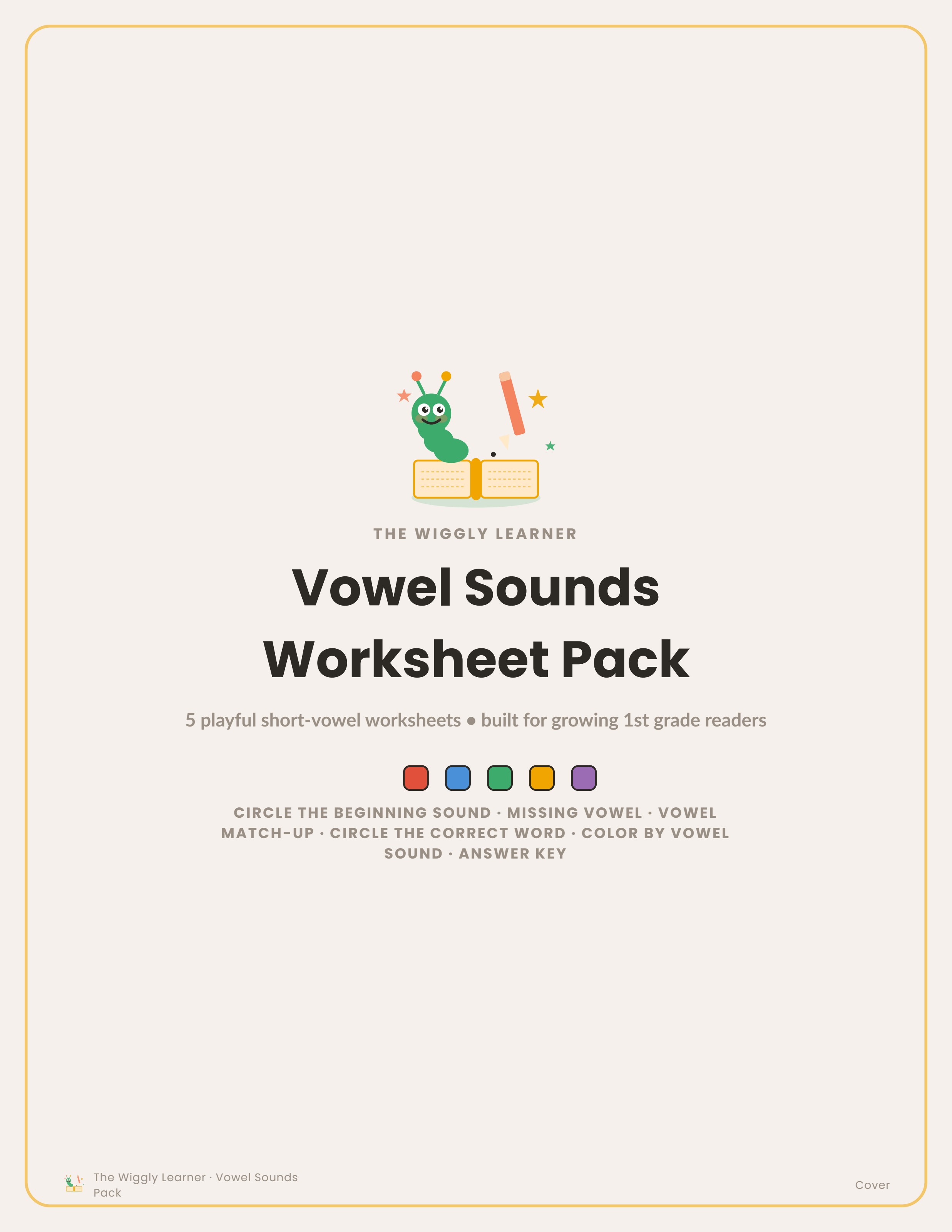 Cover of the Vowel Sounds Worksheet Pack featuring Wiggly the caterpillar on an open book